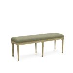 Gray upholstered Paris bench with slim metal legs, modern accent seating for events, cocktail lounges, and reception areas