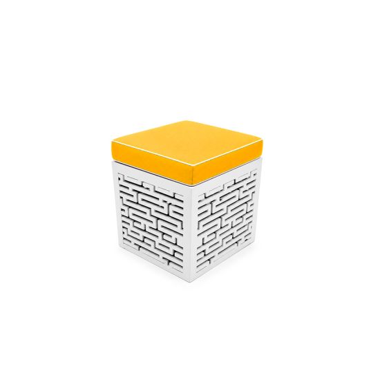 Maze ottoman with mustard yellow cushioned top and white textured geometric base, modern lounge seating accent for events and weddings.