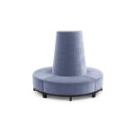 Dusty Blue velvet round banquette with curved seating and cone center backrest, luxury lounge seating rental for weddings and events.