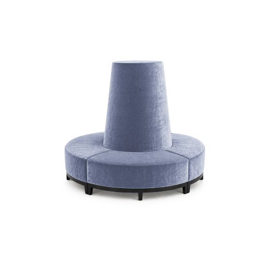 Dusty Blue velvet round banquette with curved seating and cone center backrest, luxury lounge seating rental for weddings and events.