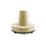 Ivory velvet round banquette with curved seating and cone center backrest, luxury lounge seating rental for weddings and events.