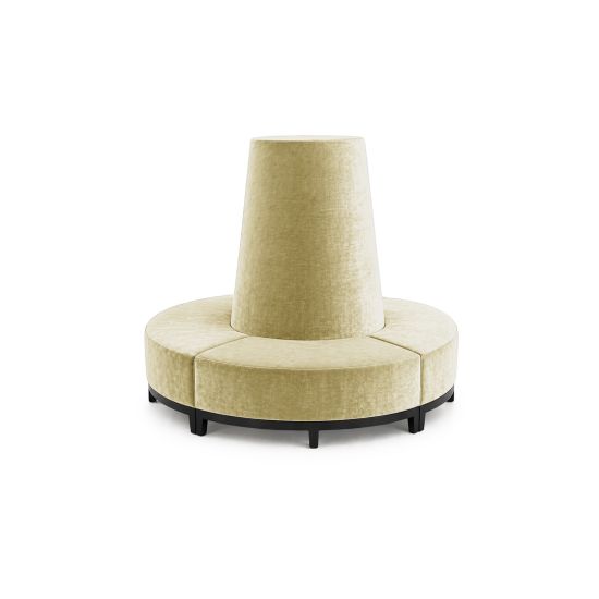 Ivory velvet round banquette with curved seating and cone center backrest, luxury lounge seating rental for weddings and events.