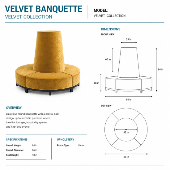 Moss velvet round banquette with curved seating and cone center backrest, luxury lounge seating rental for weddings and events.