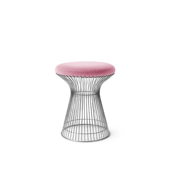 Silver wire ottoman with Pink cushioned seat, modern metal stool for living room or event seating