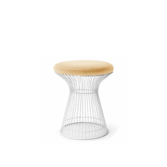 White wire ottoman with Champagne cushioned seat, modern metal stool for living room or event seating