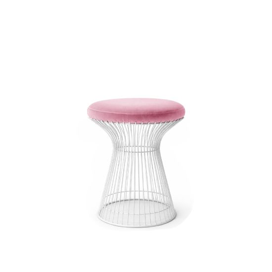 White wire ottoman with Pink cushioned seat, modern metal stool for living room or event seating