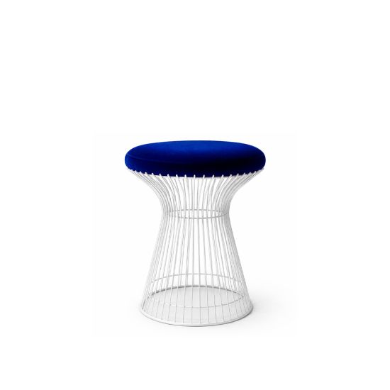 White wire ottoman with Royal Blue cushioned seat, modern metal stool for living room or event seating