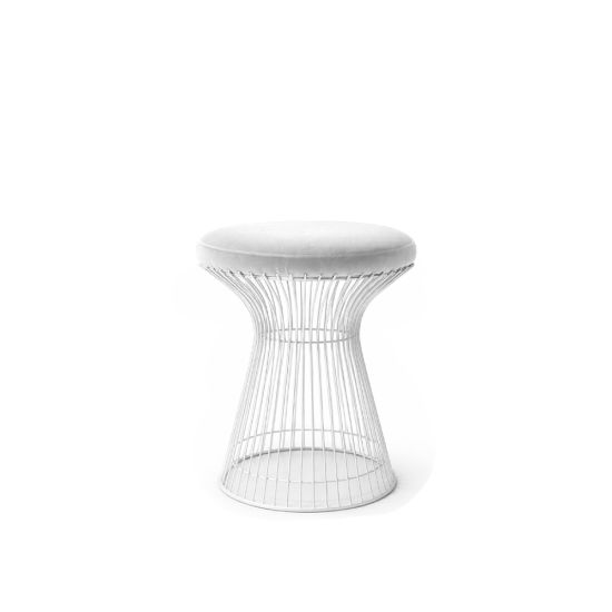 White wire ottoman with White cushioned seat, modern metal stool for living room or event seating