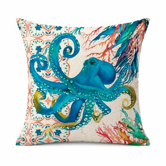 Decorative pillow with blue octopus illustration on patterned background, ocean-themed accent cushion for event lounge décor and styling.