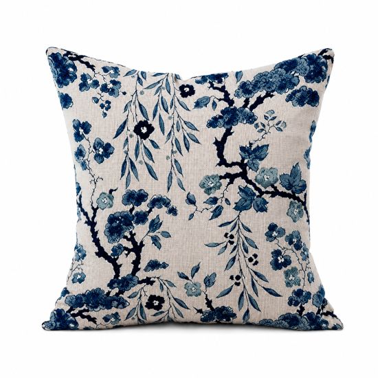 Decorative throw pillow with blue floral vine pattern on light background, classic botanical accent cushion for weddings and lounge décor.
