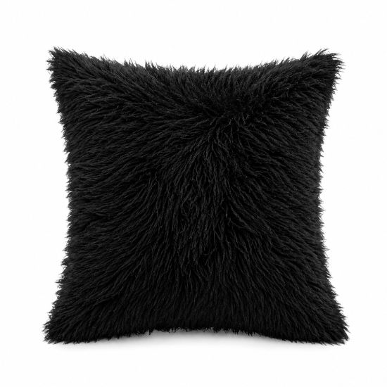 Black faux fur throw pillow with fluffy shag texture, bold accent cushion for modern lounges and luxury event décor styling.