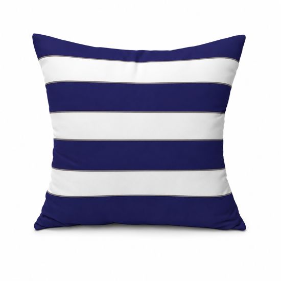 Navy and white striped throw pillow with bold horizontal bands, coastal accent cushion for summer events and lounge décor styling.