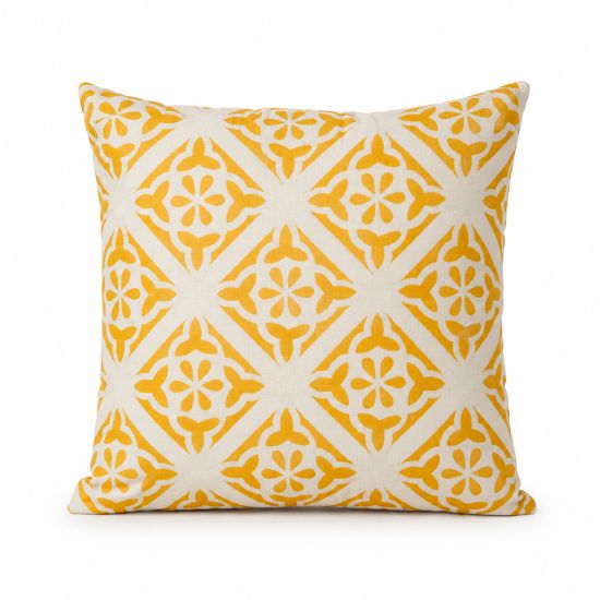 Yellow throw pillow with white geometric tile pattern, bright accent cushion for weddings, lounges, and event décor styling.