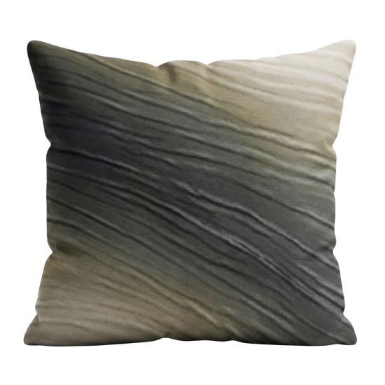 Gray throw pillow with subtle horizontal shimmer stripe texture, modern glam accent cushion for weddings and lounge décor styling.