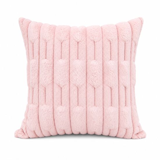 Light pink textured throw pillow with vertical ribbed channels, cozy modern accent cushion for event lounges and wedding décor styling.