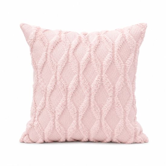 Blush throw pillow with raised woven diamond texture, soft neutral accent cushion for weddings and modern lounge décor styling.