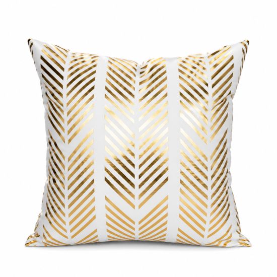 White throw pillow with gold arrow and chevron pattern, modern glam accent cushion for weddings and event lounge décor styling.