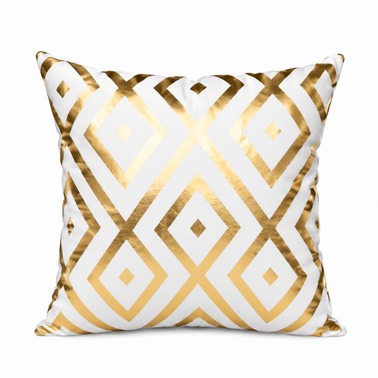 White throw pillow with gold geometric diamond pattern, glam accent cushion for weddings, lounges, and event décor styling.