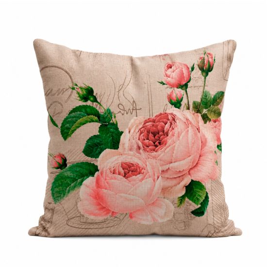 Neutral throw pillow with pink rose and bud print on vintage script background, romantic floral accent cushion for weddings and lounge décor styling.