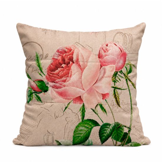 Neutral throw pillow with pink rose print and green leaves on vintage script background, classic floral accent cushion for weddings and lounge décor.