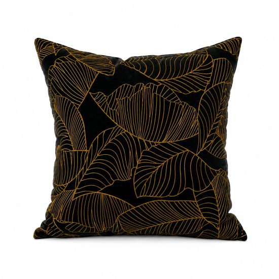 Dark green throw pillow with gold leaf outline pattern, elegant botanical accent cushion for modern lounges and upscale event décor styling.