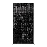 Black sequin wall panel with shimmering reflective tiles on stand, dramatic photo backdrop for weddings, events, and red carpet styling.