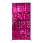 Fuchsia pink sequin wall panel with sparkling reflective tiles on stand, bold photo backdrop for parties, weddings, and event décor.
