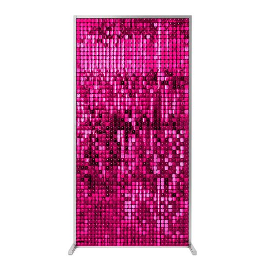 Fuchsia pink sequin wall panel with sparkling reflective tiles on stand, bold photo backdrop for parties, weddings, and event décor.