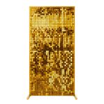 Gold sequin wall panel with shimmering reflective tiles on stand, glamorous photo backdrop for weddings, galas, and event staging.