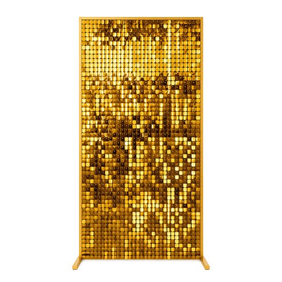 Gold sequin wall panel with shimmering reflective tiles on stand, glamorous photo backdrop for weddings, galas, and event staging.
