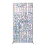 Iridescent sequin wall panel with color-shifting reflective tiles on stand, luxe photo backdrop for weddings and event photo ops.