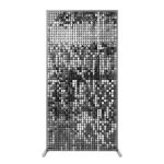 Silver sequin wall panel with shimmering reflective tiles on stand, glam photo backdrop for weddings, corporate events, and parties.
