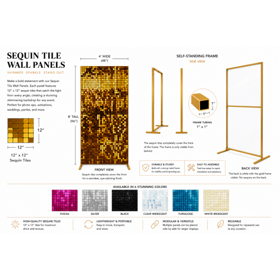 Black sequin wall panel with shimmering reflective tiles on stand, dramatic photo backdrop for weddings, events, and red carpet styling.