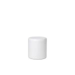 Soho round white ottoman with smooth modern design, lounge footrest or accent seat rental for weddings and events.