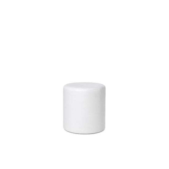 Soho round white ottoman with smooth modern design, lounge footrest or accent seat rental for weddings and events.