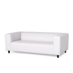 Soho white sofa with modern box silhouette and straight backrest, lounge sofa rental for weddings, parties, and events.