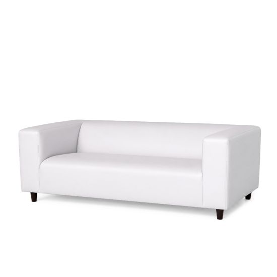Soho white sofa with modern box silhouette and straight backrest, lounge sofa rental for weddings, parties, and events.
