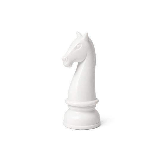 Oversized South Beach chess knight sculpture in white with gray head detail, modern event décor pedestal prop.