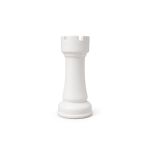 Oversized white chess rook pedestal prop with black top, modern statement décor piece.