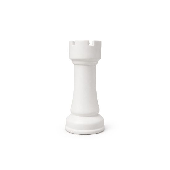 Oversized white chess rook pedestal prop with black top, modern statement décor piece.