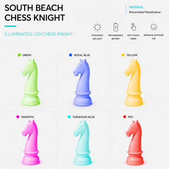 Oversized South Beach chess knight sculpture in white with gray head detail, modern event décor pedestal prop.
