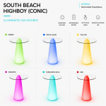 translucent LED-lit conical high-boy cocktail table with glowing white finish from South Beach Glow collection for modern event rental