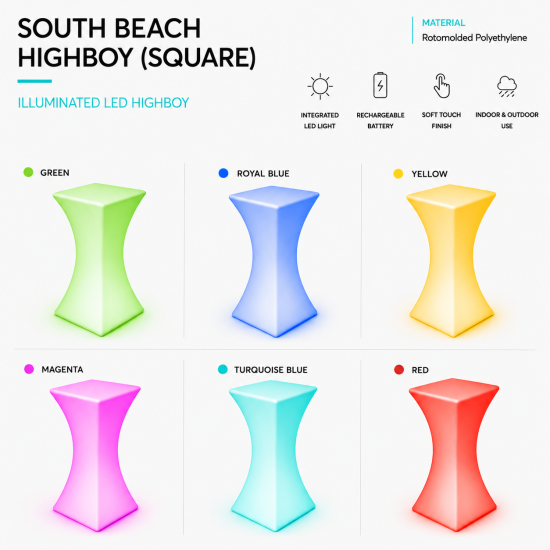 LED lit square highboy cocktail table with translucent white finish from South Beach Glow collection for modern event rental