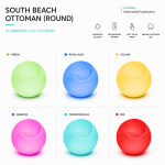 White South Beach round ottoman with smooth curved design and recessed top, modern lounge seating accessory rental for events and weddings.