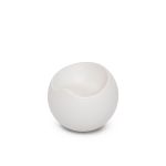 White South Beach round ottoman with smooth curved design and recessed top, modern lounge seating accessory rental for events and weddings.