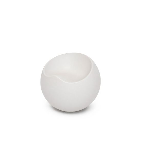 White South Beach round ottoman with smooth curved design and recessed top, modern lounge seating accessory rental for events and weddings.