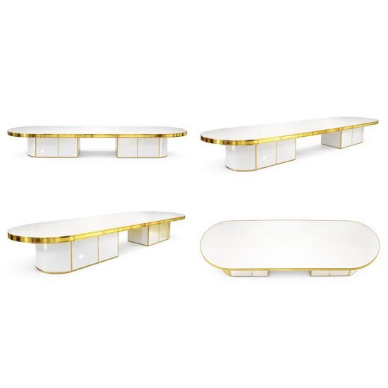Reflection 16 ft oval dining table with gold top and contemporary base design for luxury event décor and formal dining settings