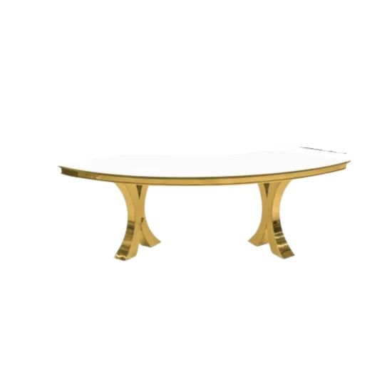 Reflection Serpentine gold table with white curved top and gold legs, modern serpentine dining table for upscale event styling and rentals.