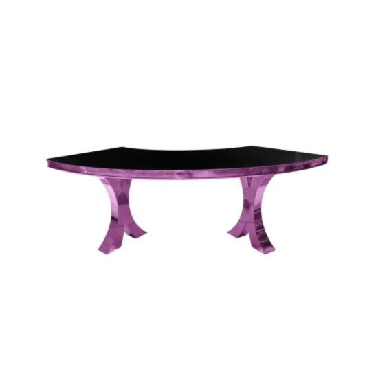 Reflection Serpentine pink table with black curved top and pink legs, statement serpentine dining table for modern events and luxury rentals.