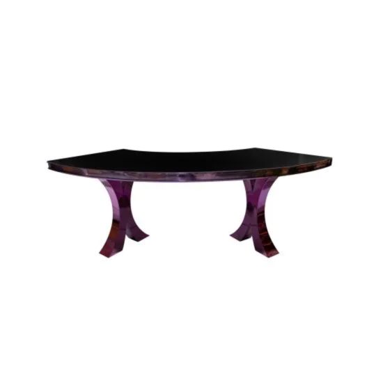 Reflection Serpentine purple table with black curved top and purple legs, modern serpentine dining table design for luxury event rentals and décor.